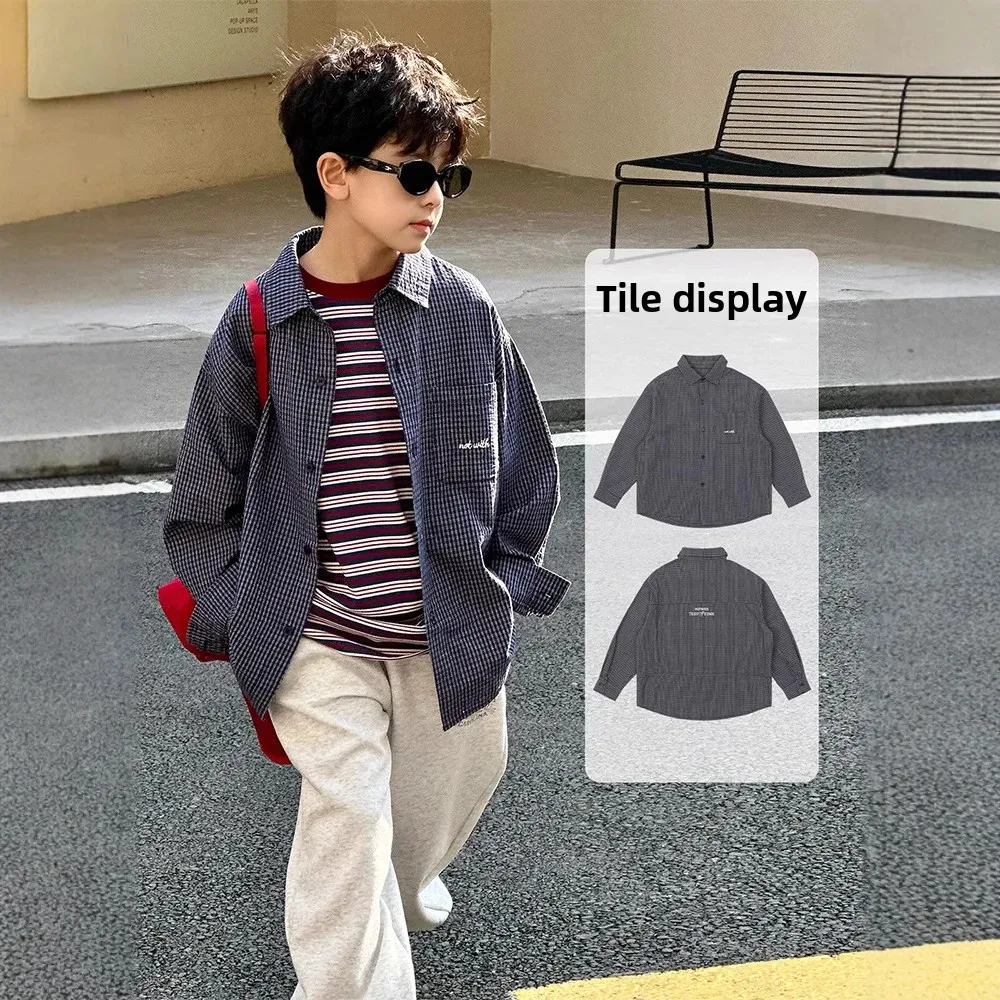 Boys Plaid Bubble Shirt Spring Retro Japanese Style Children's Clothing Large Quantity Cross-Border Male Children