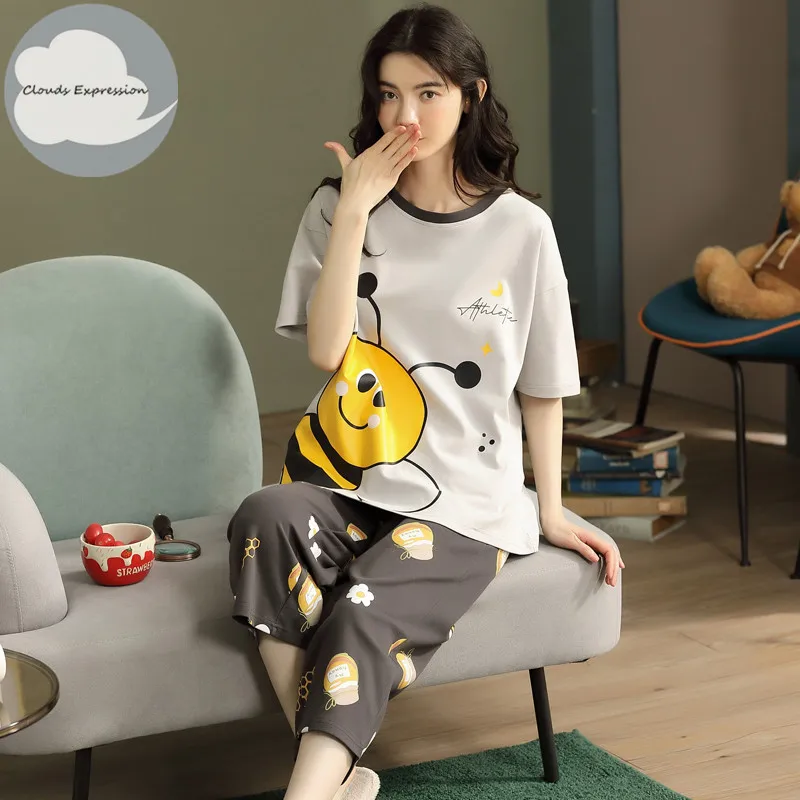 Women Pajamas Set Women Pajama Suit Summer Knitted Cotton Cartoon Pajamas Sets Women Pyjamas Sleepwear Nightwear Calf-Length Pants Homewear Plus Size