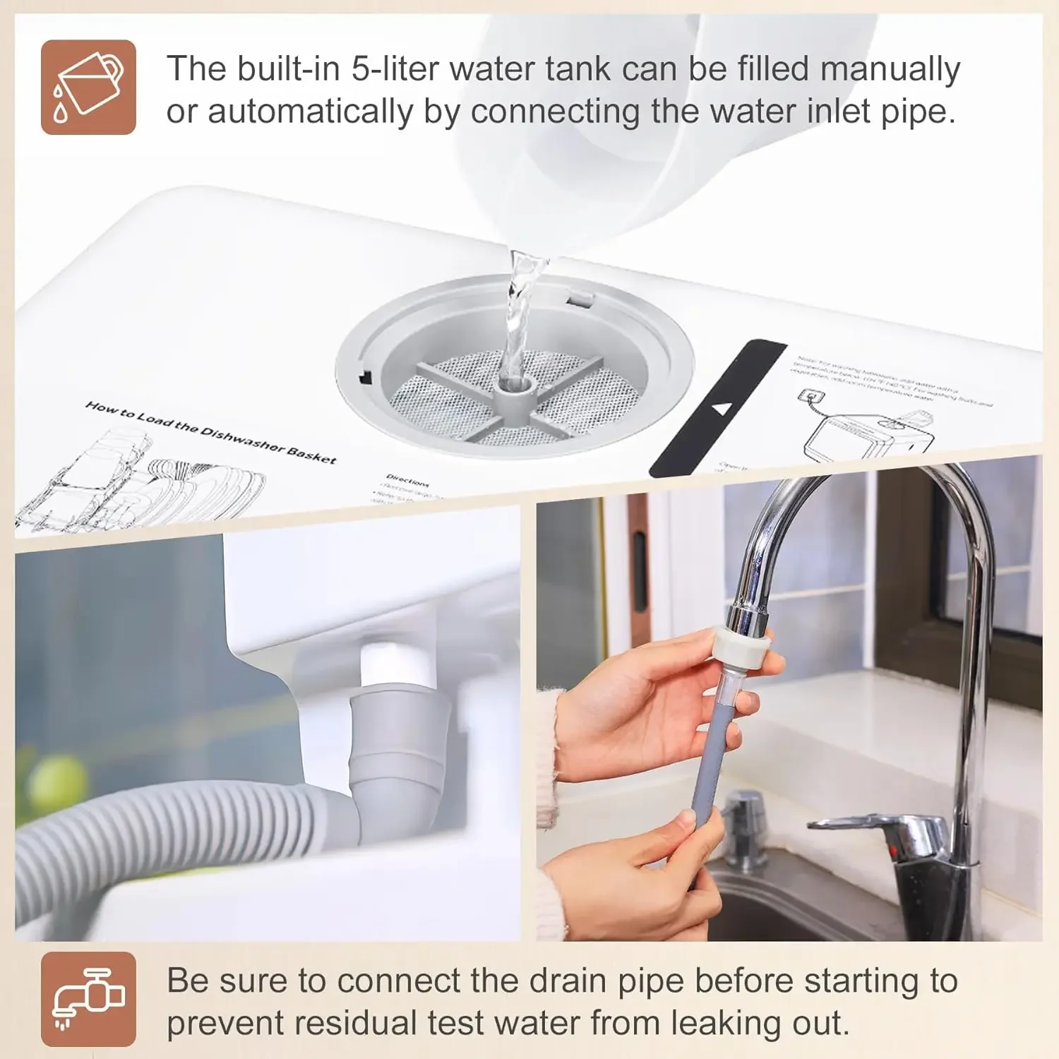 dishwasher, countertop dishwasher with water tank, dishwasher with 5 wash programs, It can also be connected to the tap 4