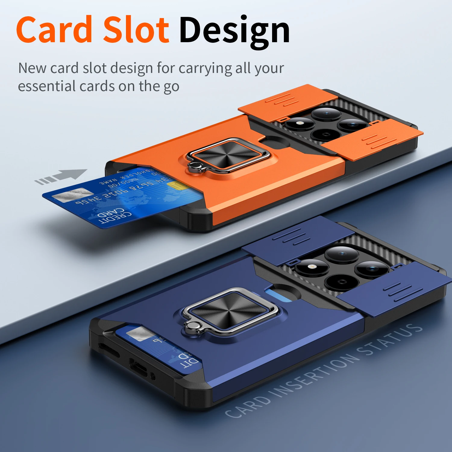 Card Slot Wallet Case with Slide Camera Protector, Magnetic Ring Holder, and Shockproof Armor Cover