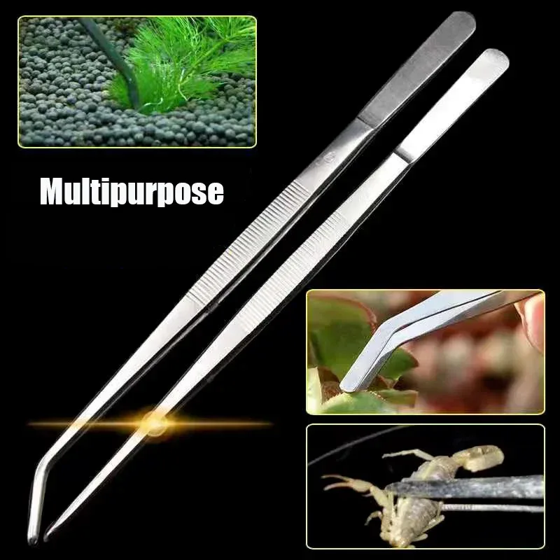 Stainless steel forceps 48cm long curved straight lengthened tweezers fish tank aquatic plants tools birds reptile feeding tongs