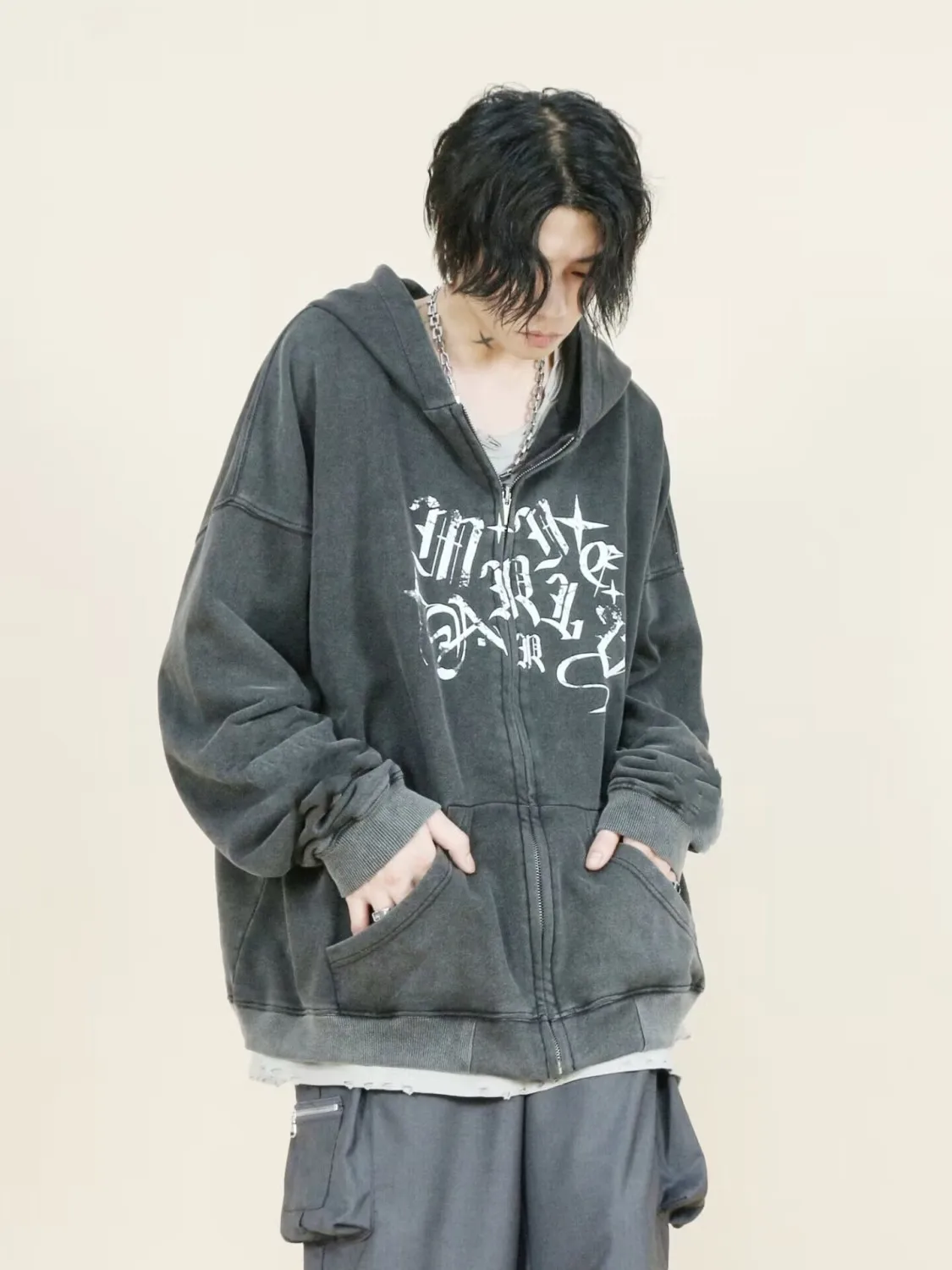 Washed Black Y2K Loose Zip Hoodie Vintage Loose Sweatshirts Graphic Pattern  Zip Up Hoodies 2000s Retro Grunge Jacket