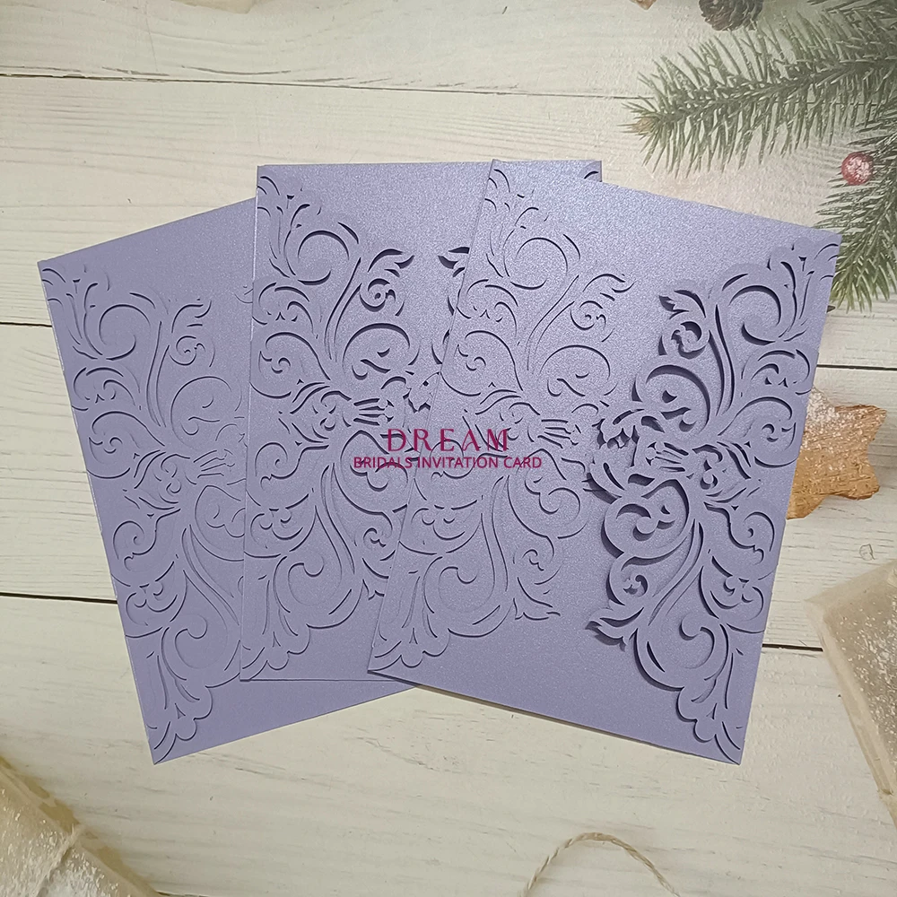 20Set Lavender Paper Wedding Invitation Card Blank Insert Envelope Ribbon Engagement Invites HJ188