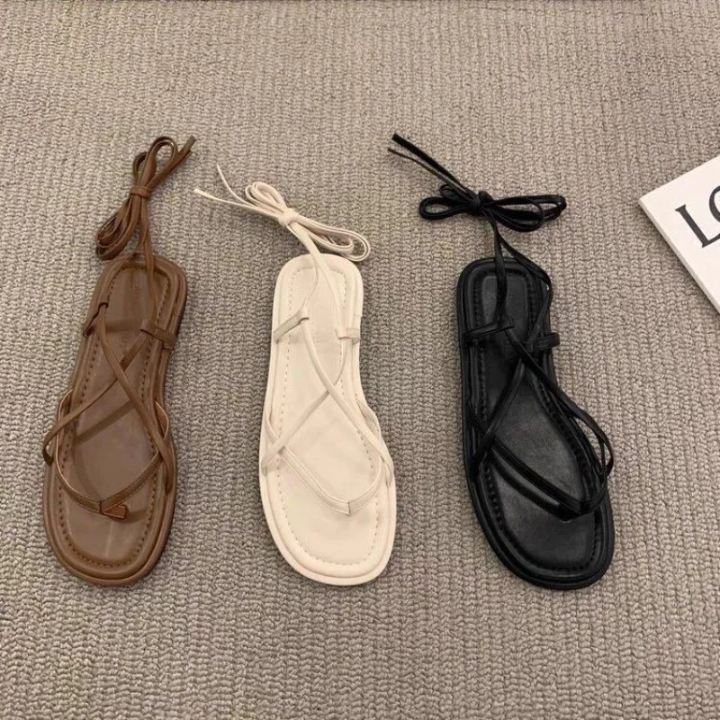 women sandals 2024 Summer New Arrival Fashion Flip flops Round Toe Cross Strap Solid Color Sandals Casual Flat Women's Shoes