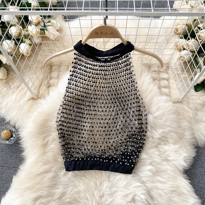

Celebrity Summer Goddess Fan Hollow Mesh Neck Suspender Tank Top Fashion Versatile Women's