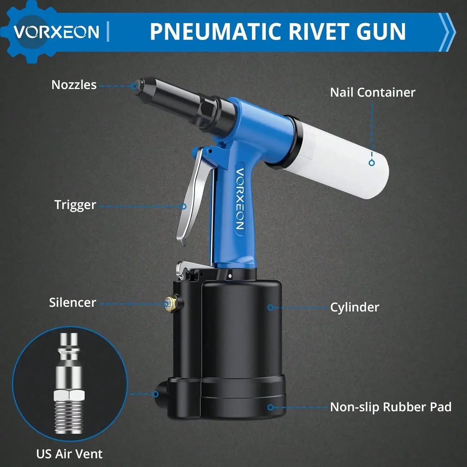 Pneumatic Rivet Gun With 4 Interchangeable Heads Pulling Pressure 1480KGF Black Blue Air Givet Gun For Garage Workshop Boat Car