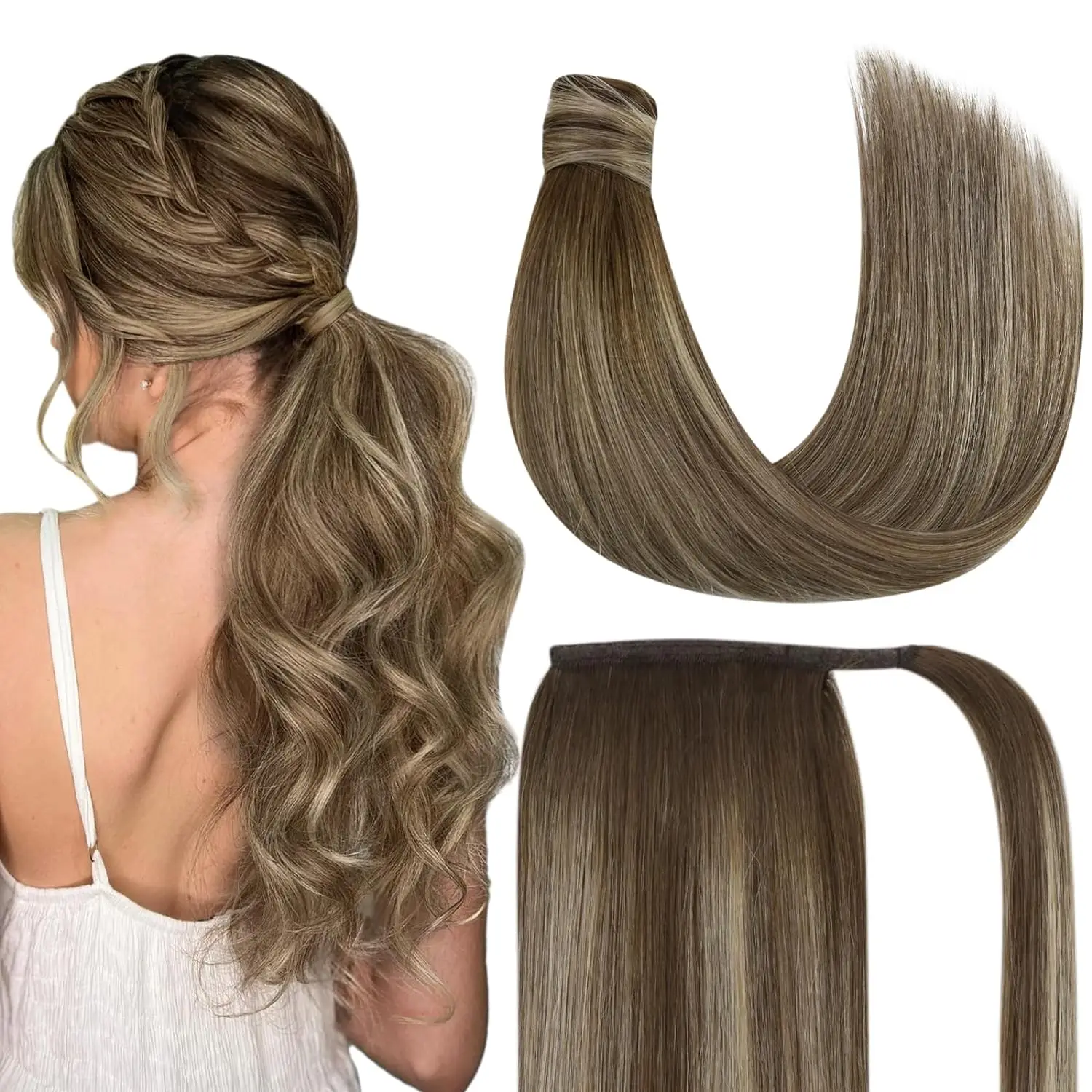 VeSunny Human Hair Ponytail Ombre Brown Ponytail Extension Real Human ...
