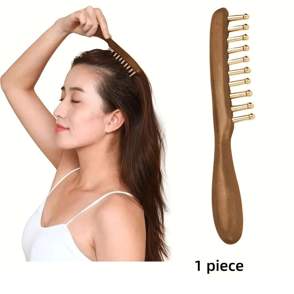 황금빛 백단향 구리톱 와이드톱 스트레이트 빗, 머리 경락 마사지 빗, 두피용, ..