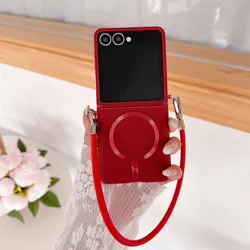 Enhanced Leather Magnetic Cover with Wristband and Lanyard for Seamless Wireless Charging (Red)