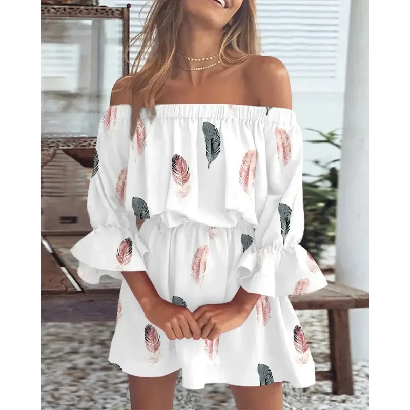 

2024 Summer New Women's Sexy One-shoulder Printed Dress Fashionable Short Dresses