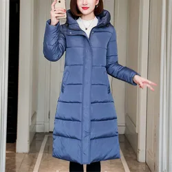 2023 New Women Cotton Clothes Long Below The Knee Slim Outwear Winter Thicken Warm Hooded Parkas Fashion Solid Color Outcoat