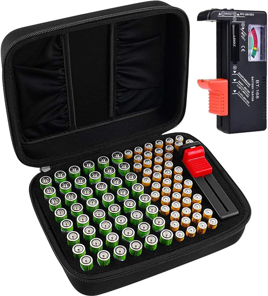 Battery Storage Box Organizer Storage Case Holder for 48 x AA 48 x AAA Total 96 Batteries with Battery Tester Extra 2 Pocket