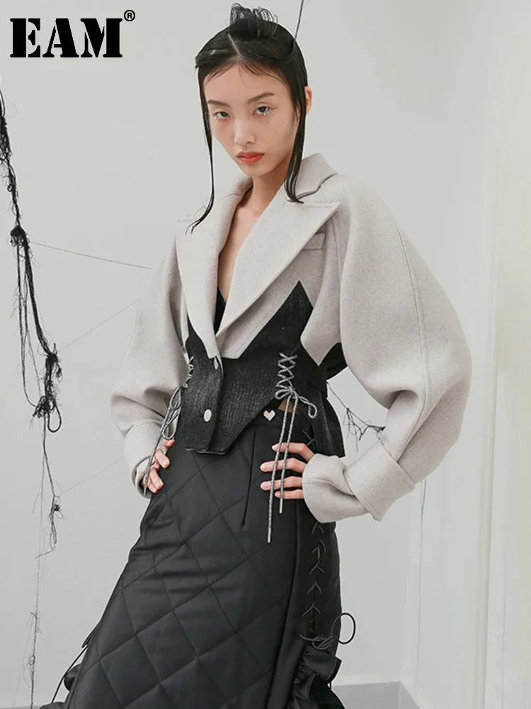 

Женское шерстяное пальто EAM, свободная короткая парка контрастных цветов, с длинным рукавом, Осень-зима 2024