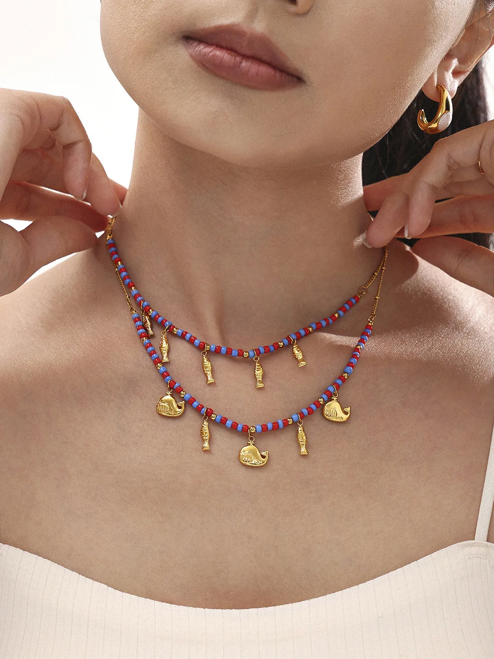 Halskette mit Fisch-Anhänger aus Edelstahl 316, für Damen, Bohemian-Stil, rot, blau, Glasperlen, Kette, Halsband, Naturstein-Armband-Set, Schmuck – Detail 5