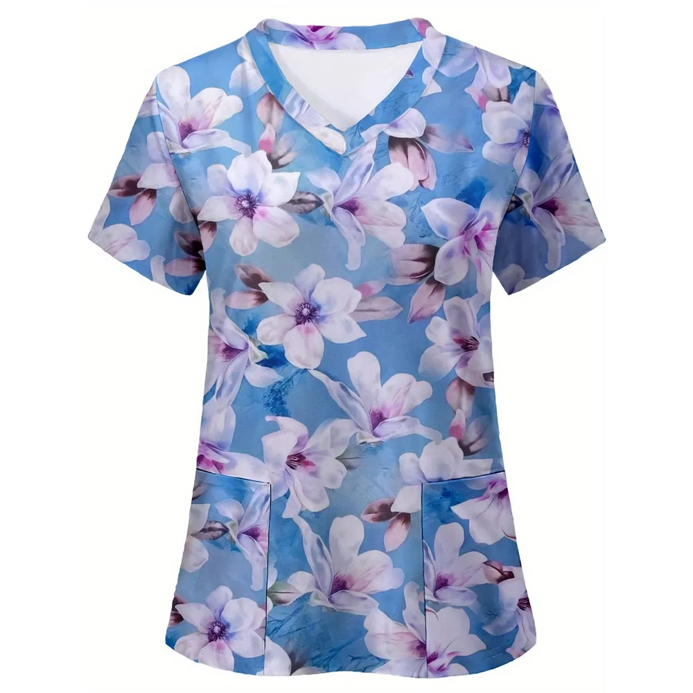 Women's Nurse Uniform Floral 3d Print Tops V-Neck Pocket Medical