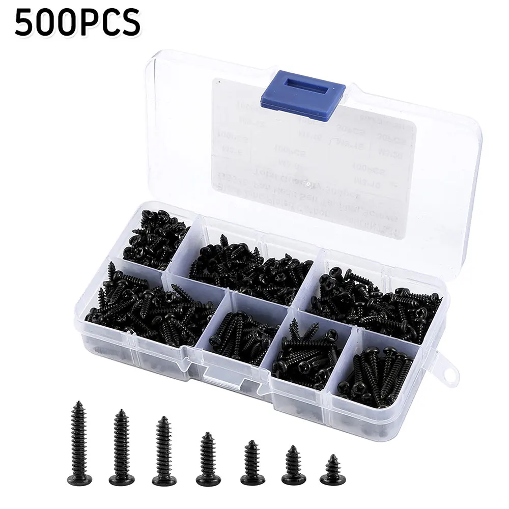 500pcs M3 Screws Black Self Tapping Screws Pan Head Cross Self Drilling Wood Screw Assortment Kit 6/8/10/12/16/18/20mm Carbon