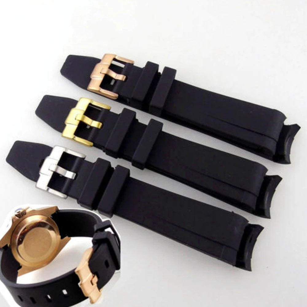 

20mm Width Lug Black Curved End Rubber Strap Band Rose Gold Silver Pin Buckle Clasp Watch Parts For 40mm SUB/GMT Watch Parts