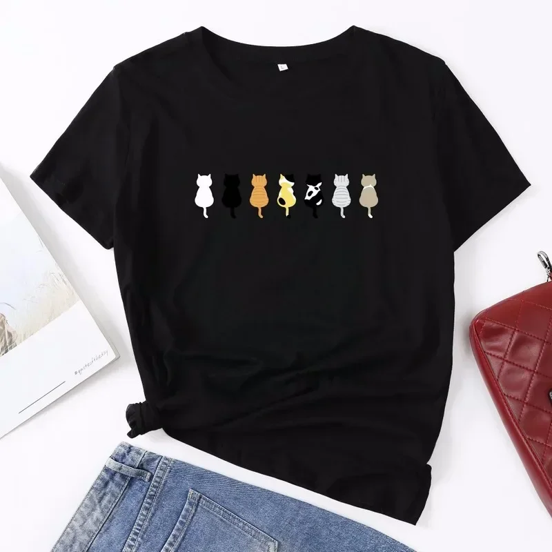 

Summer Cotton Women T Shirt XS-3XL Cute Cats Print Short Sleeve Ladies Girls Basic Casual O-Neck Tees Tops Female Clothing
