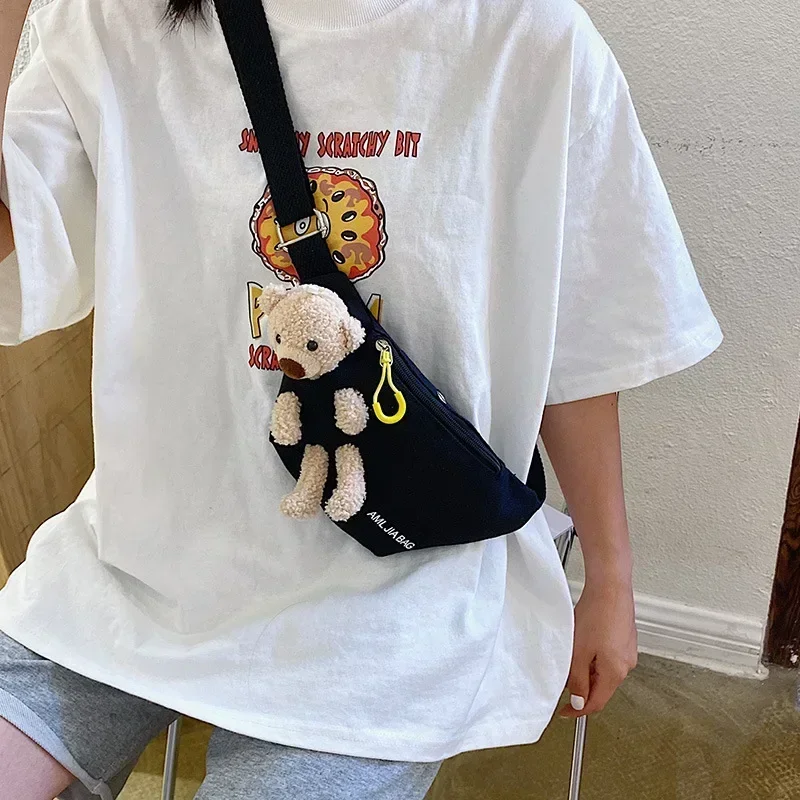 Kids New Fashion Canvas Waist Bags Letter Bear Large Capacity Designer Crossbody Belt Bags Banana Hip Money Pouch Chest Bags 2