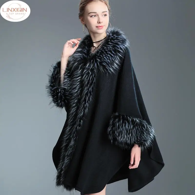 

Autumn Winter New Elegant Knitted Shawl Cape Imitation Raccoon Dog Fur Ladies Cardigan Fur Coat