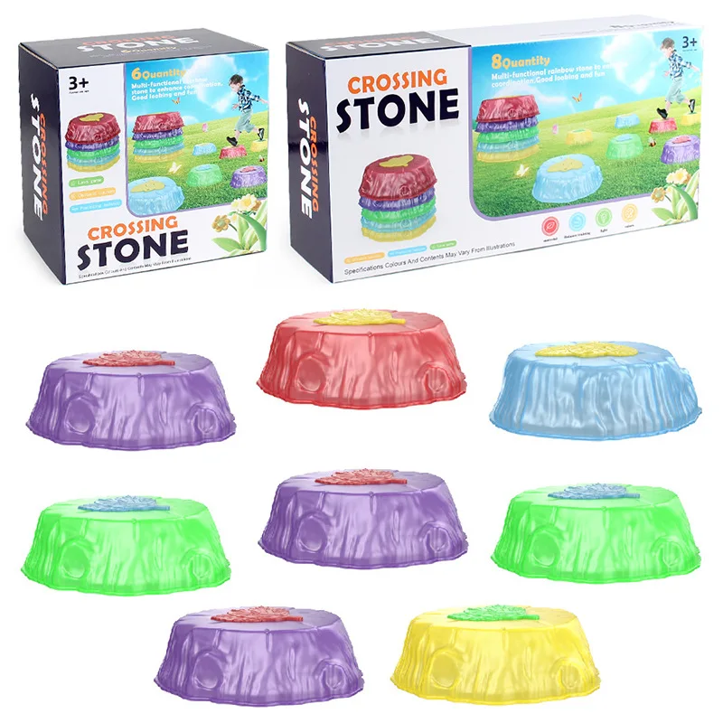 Rainbow sensory balance board toy obstacle crossing game crossing river stones with lights Party toy for kid sensory training 3