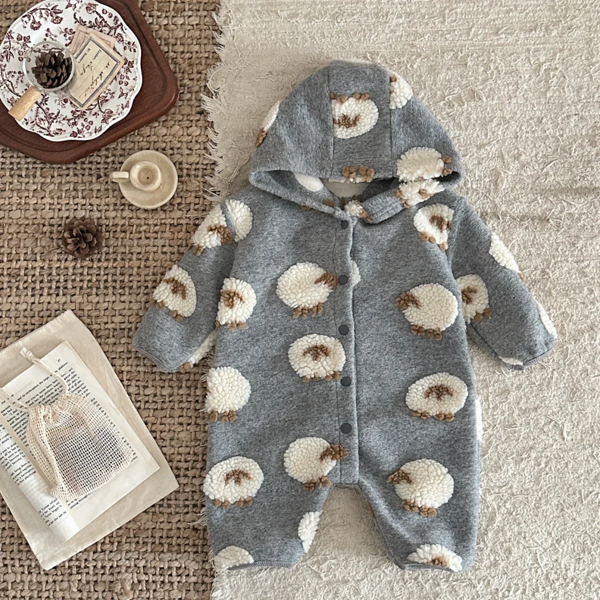 1-18 mesi bambino inverno grigio con cappuccio agnello ricamato manica lunga peluche tuta quotidiana neonato ragazzi ragazze vestiti caldi - immagine 2