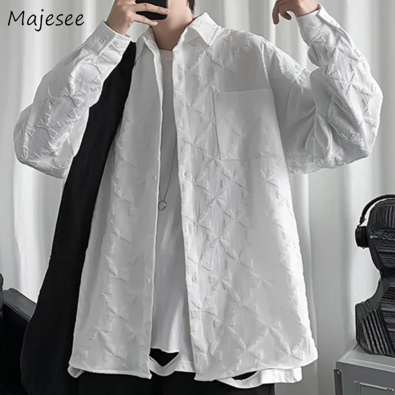 

Men Long Sleeve Shirts Buttons Solid Color Pleated Pockets Casual Loose Tops Autumn Spring Turn-down Collar Korean Fashion Chic