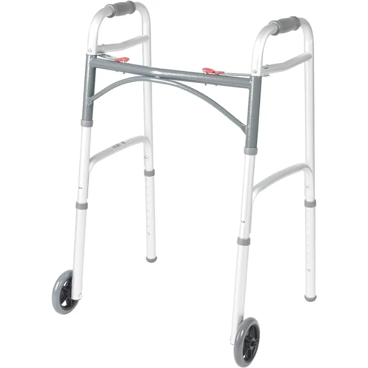 Drive Medical 10210-1 2-Button Folding Walker with Wheels, Rolling Walker, Front Wheel Walker, Lightweight Walkers for Seniors