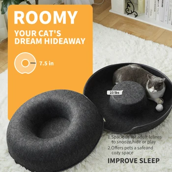 24 Inch Large Donut Cat Bed - Spacious Peekaboo Cat Cave for Multiple Cats Up to 30 Lbs, Detachable and Washable Wool Felt Tunne 4