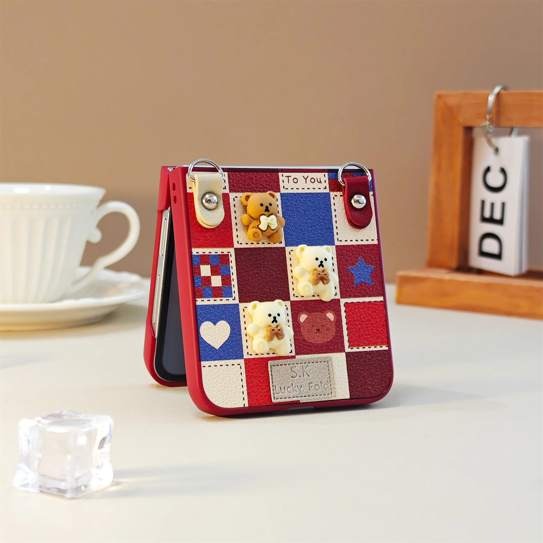 Korean Cute Bear Lattice Wine Red Rope Phone Case – Stylish Back Cover