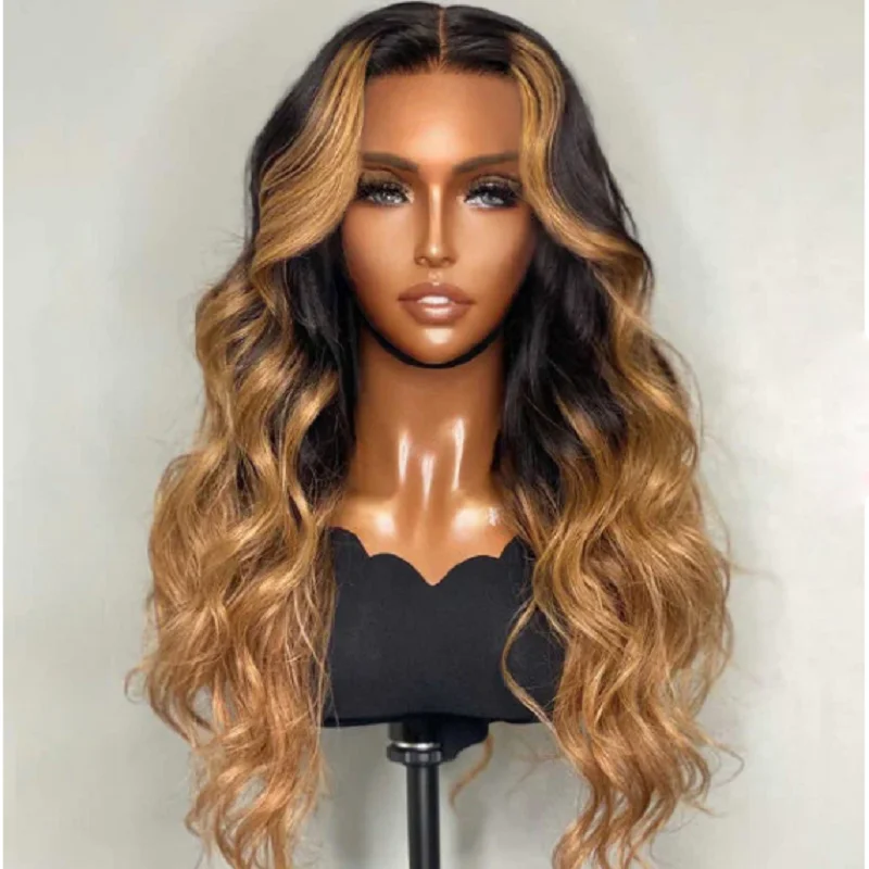 26 Inch Soft Glueless Ombre Blonde Body Wave European Jewish Human Hair Wig Swiss 13x4 Lace Front For Women With Baby Hair