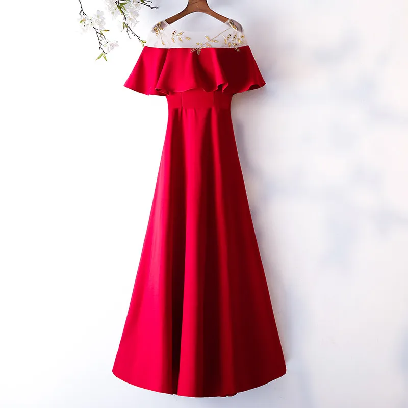 

Red Sequins O-Neck Evening Dress Short Sleeves Elegant Pleat Floor-Length Lace Up A-Line Plus size Women Formal Party Gown C1532
