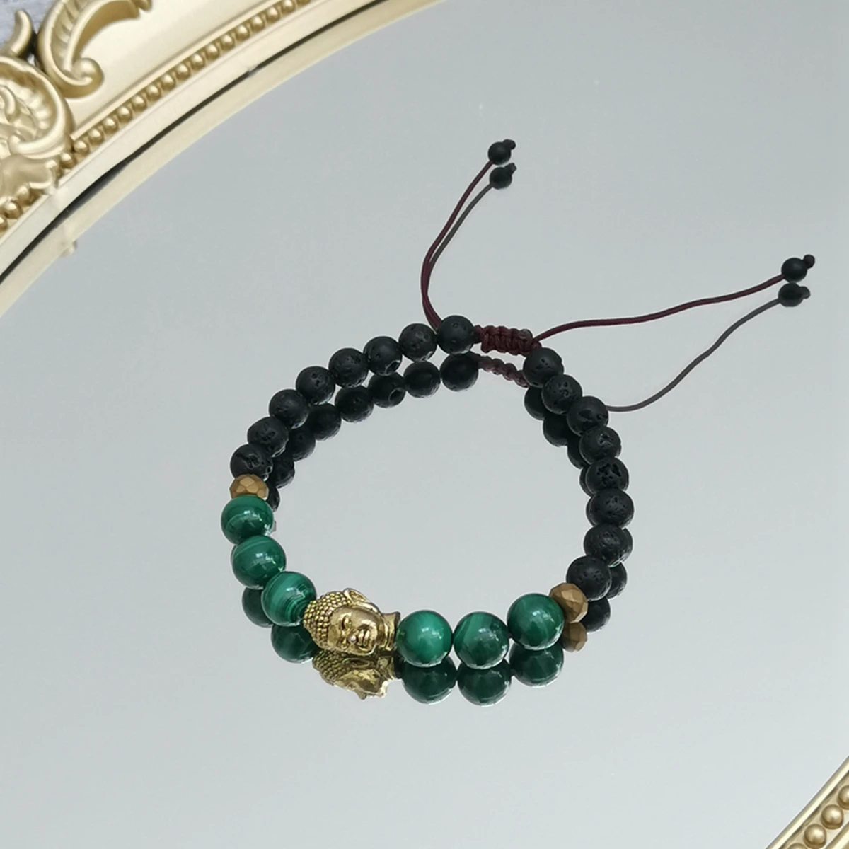 Lii Ji Real Stone Green Black Color Budda Charm Friendship Bracelet Malachite Lava Hematite Bracelet 17-25Cm