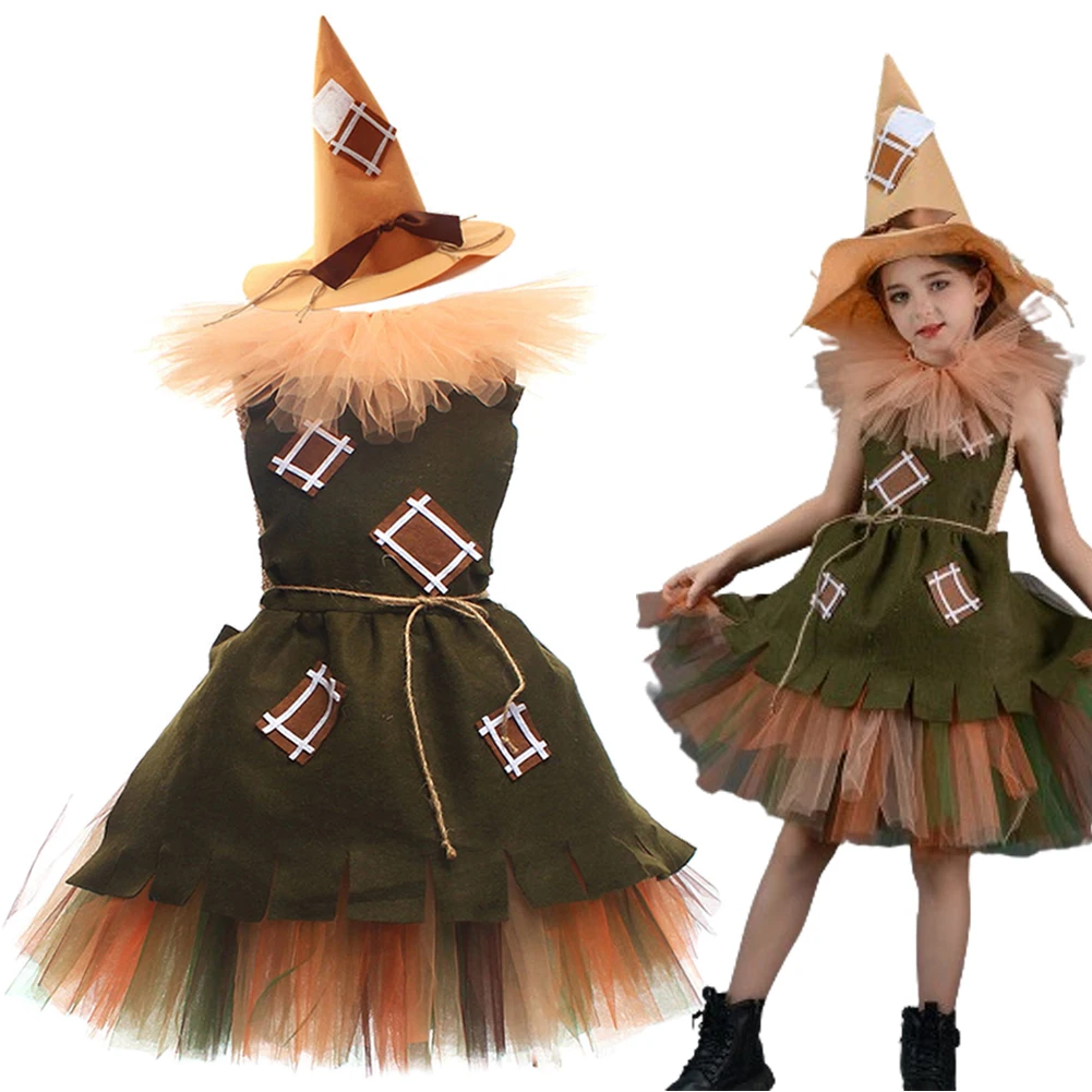 Cosplay Costume Scarecrow Cosplay Kids Tutu Dress Hat Costume Movie The Wonderful Wizard Outfits Little Girls Dance Clothing Halloween Suits