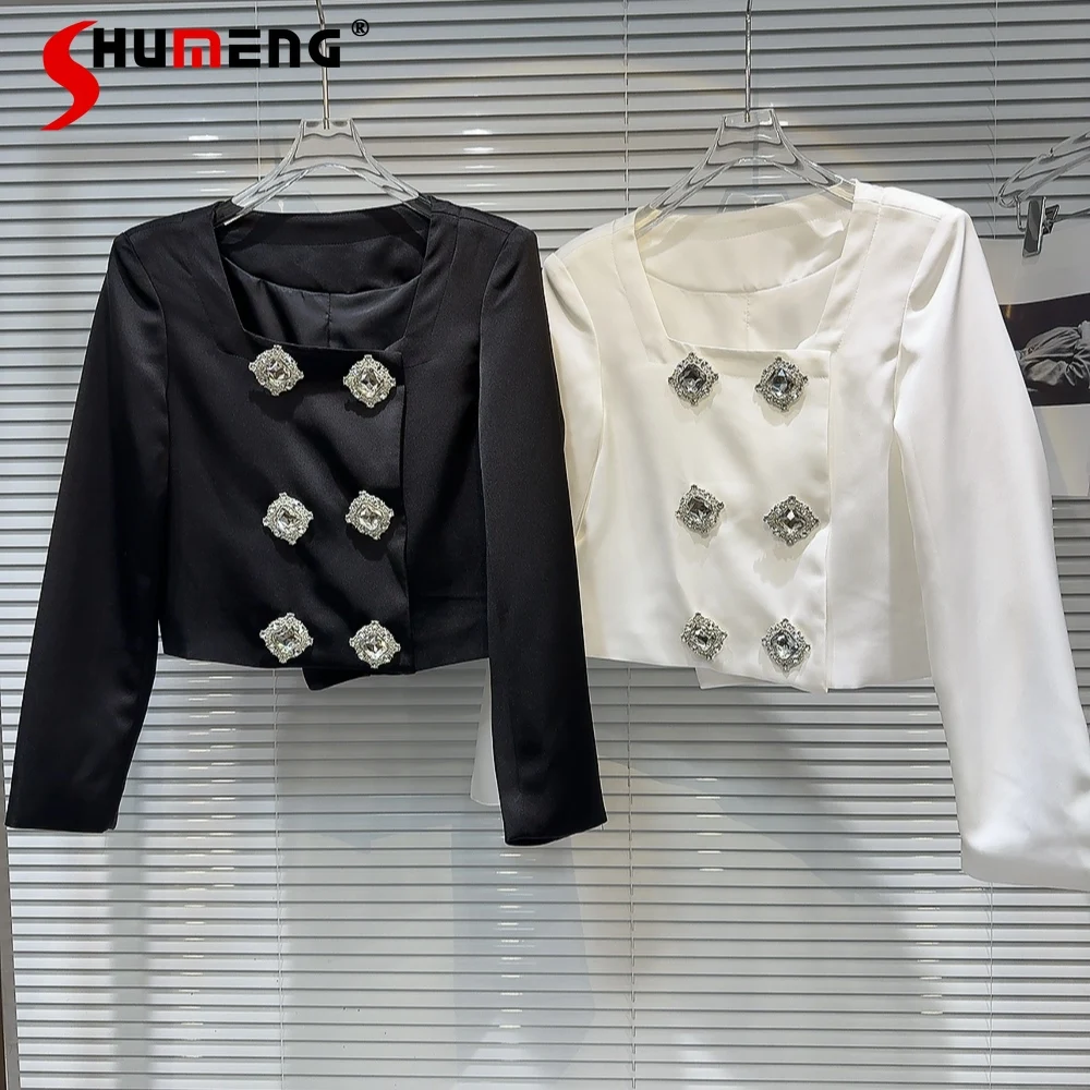 Fashion 2024 Spring New Tailored Coat Hot Girl Suit Long Sleeve Solid Color Double Breasted Short Coat Exquisite Women's Clothes exquisite beads diamonds women suits 2 pieces formal one button blazer pants sheer lapel plus size tailored mother of the bride