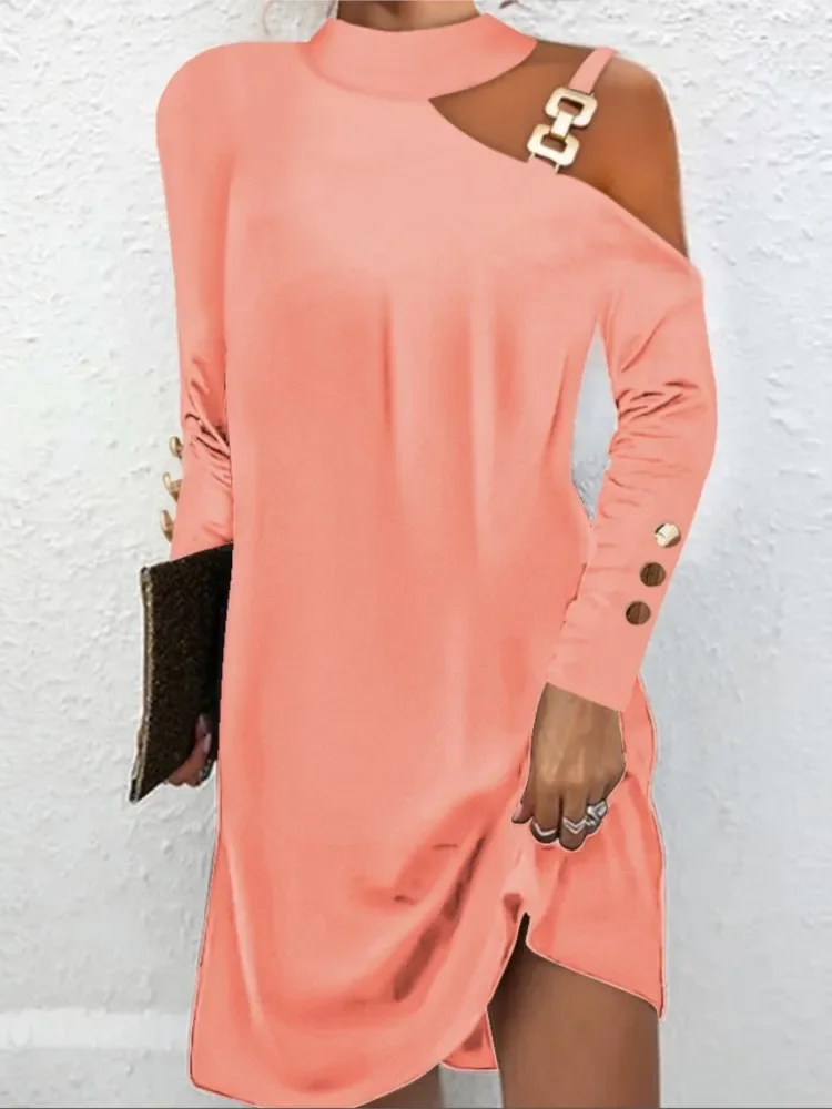 

2023 New Autumn Solid Fahsion Metal Buckle Hanging Neck Button Long Sleeve Beach Party Dresses Elegant Female Holiday Mini Dress