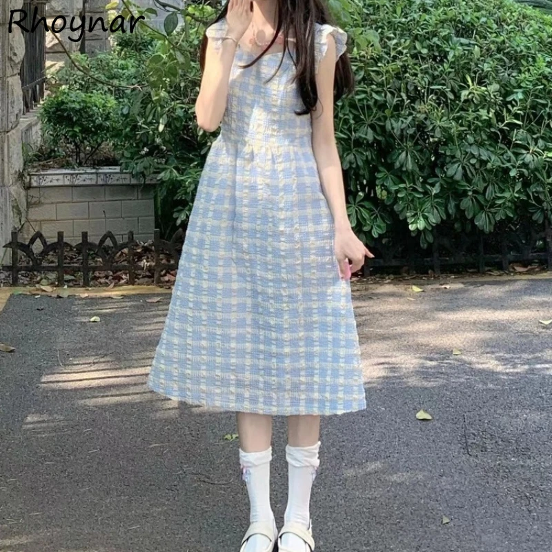 

Plaid Sleeveless Mid-calf Dresses Women Korean Style Youth Cute Students Female Fashion Simple Summer A-line Sweet Streetwear