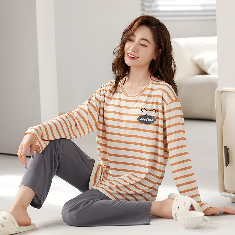 Spring Autumn Women Pajamas Set  Solid Long-sleeved Pant Home Clothing Simple Loose Casual Smile Print Sleepwear