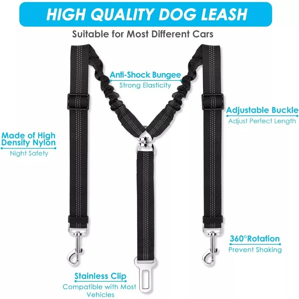 Dog Seatbelt Leash Double Dog Seatbelt Adjustable Vehicle Safety Leash Elastic Protect Shock Reflective Dog Car Restraint for Pet Safety Belt