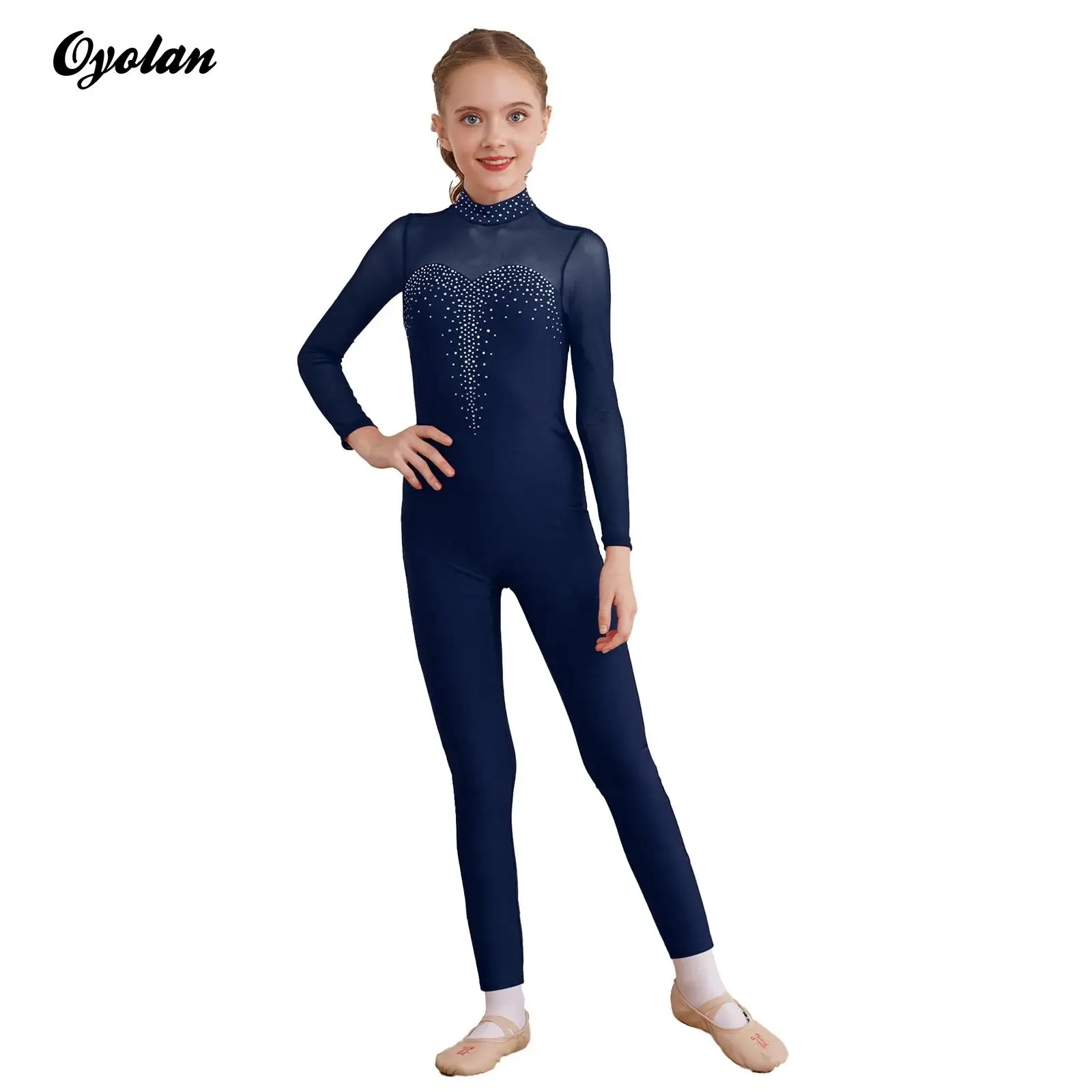 

Kids Girls Shiny Rhinestone Gymnatics Ballet Leotards Figure Skating Performance Costume Sheer Mesh Long Sleeve Unitard Jumpsuit