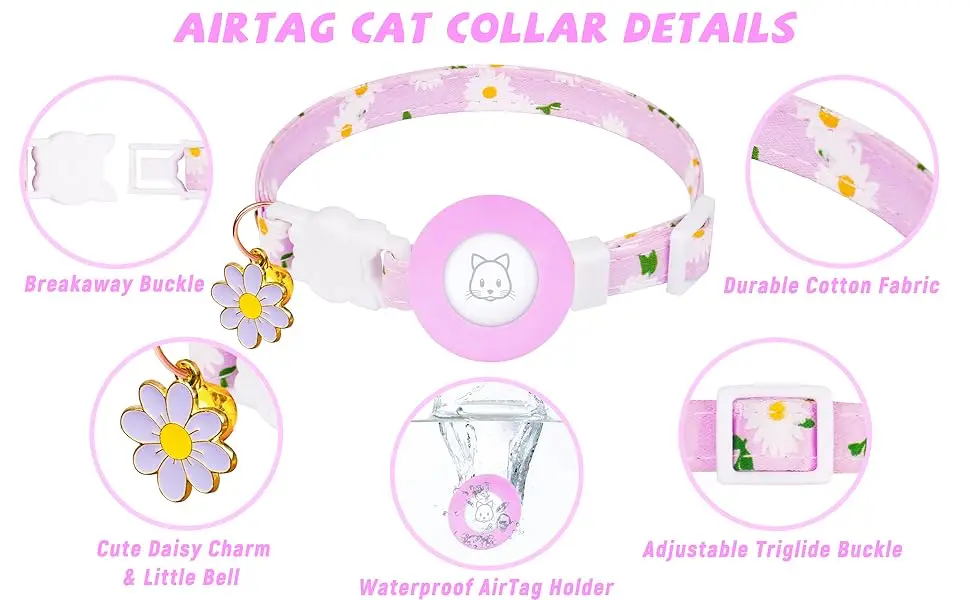 Daisy Charm – Cute AirTag Cat Collar 🌼 Breakaway Kitten Collar  with AirTag Holder, Bells & Flower Charm