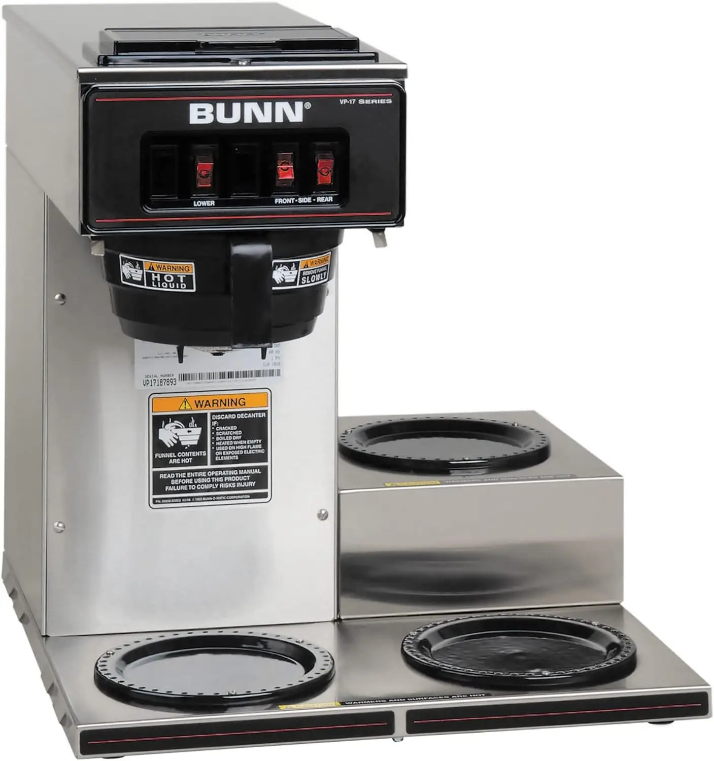 VP17-3 12-Cup Low Profile Pourover Commercial Coffee Maker 3 Lower Warmers 13300.0003 Silver 18.8"D x 16.2"W x 17.3"H