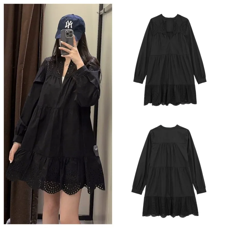 

2023 Spring And Summer New Retro V-neck Hollow Little Black Dress Long-sleeved Embroidery Loose mini poplin dress