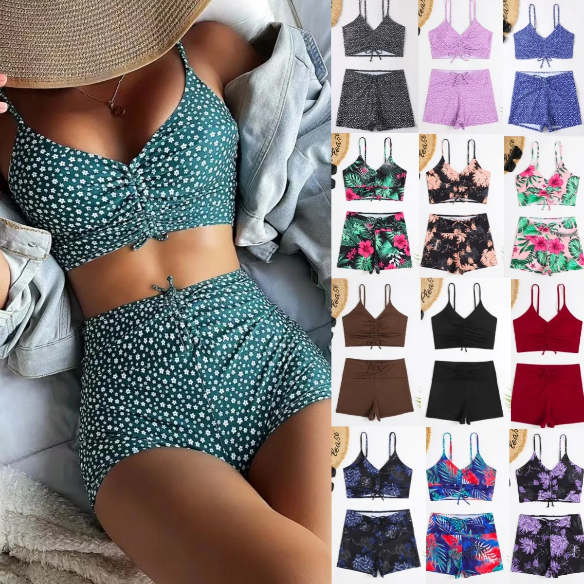 

2023 New Multi Color Style Women's Swimwear Set Split Swimwear Multi Color Flat Angle Conservative Printing Swimwear Wholesale