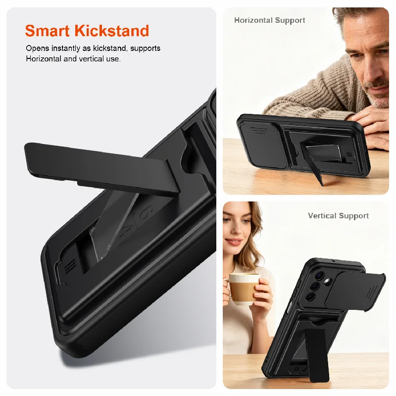 Mech Sliding Lens Card Holder Phone Case with Anti-Fall Protection