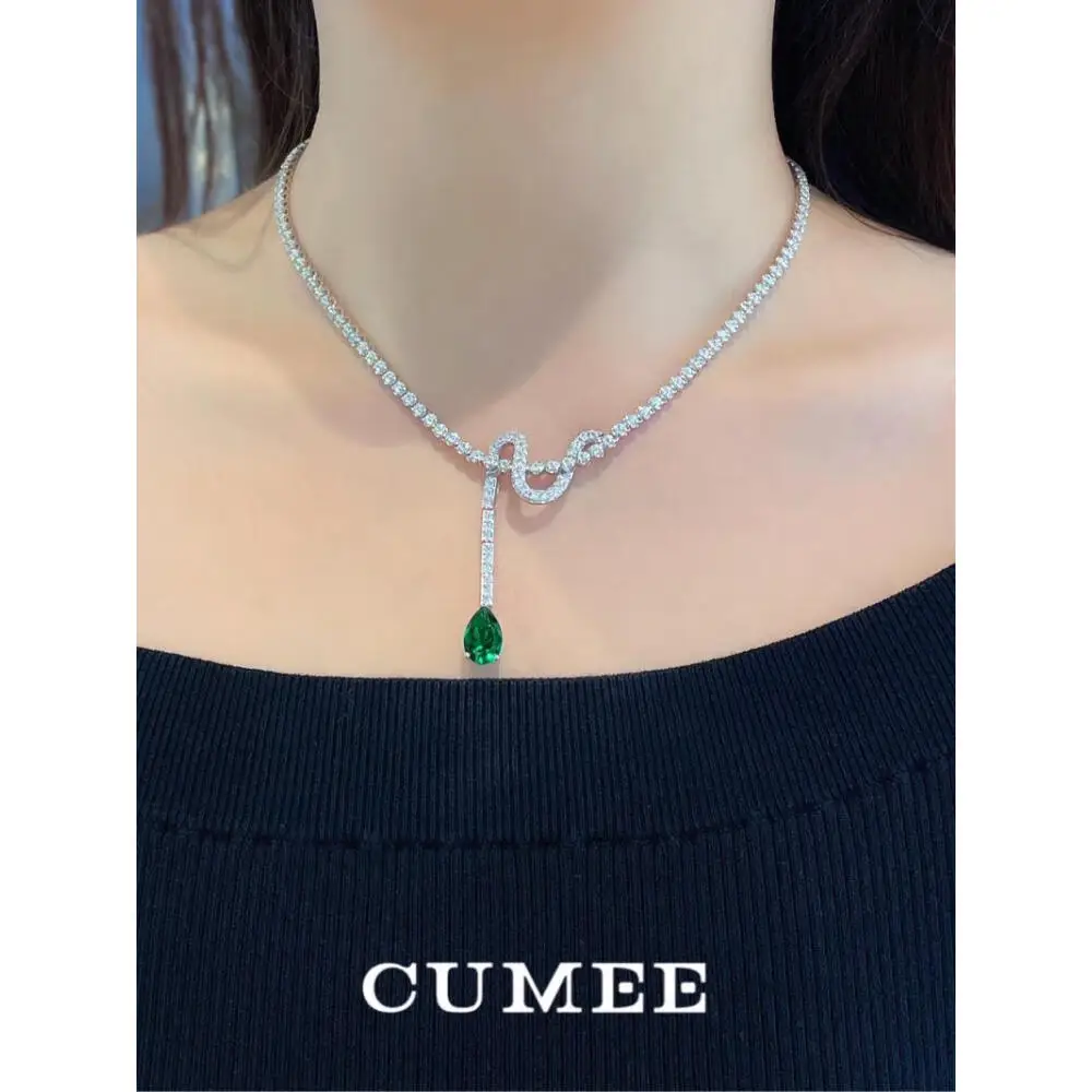 CUMEE 925 Sterling Silver Exquisite Versatile Green pear Lab Created Emerald pendant Necklace with Silver and Gold Plating