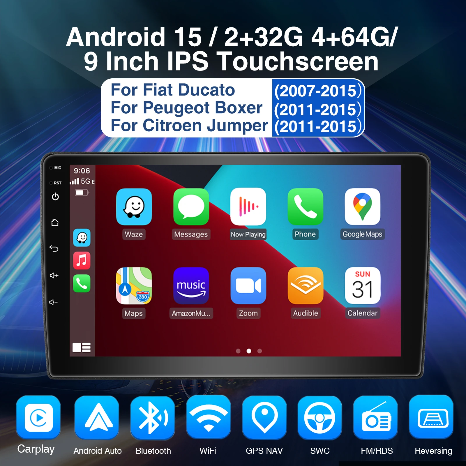 Autoradio ESSGOO Android 15 9 Zoll 4+64G für Fiat Ducato Peugeot Boxer Citroën Jumper Drahtloses CarPlay Android Auto GPS Navigation FM RDS WiFi Bluetooth Lenkradsteuerung Mirror Link IPS Touchscreen – Detail 2