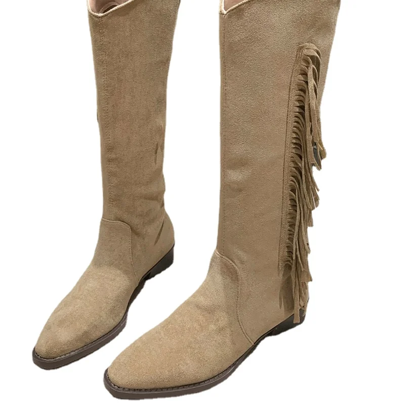 2023 Shoes Female Knee-High Women's Boots Fashion Fringe Modern Boots Women Sexy Pointed Toe Square Heel Shoes Female Zapatos