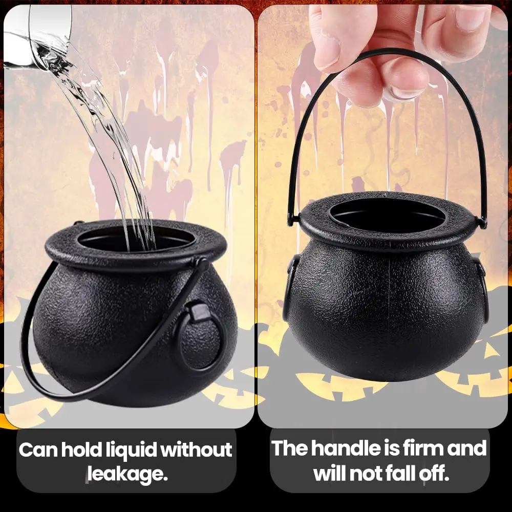 12pcs Mini Black Cauldron with Handle Halloween Mini Witch Cauldron Kettles Multi-purposed Small Plastic Halloween