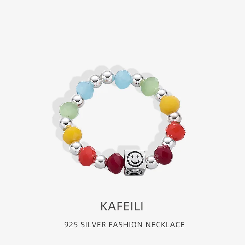 

Rainbow Smile Ring 925 Sterling Silver Cocktail Ring Open Right Hand Finger Band Luxury Jewelry for Women Girls Gift